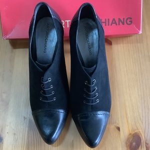 Arturo Chiang Heeled Oxfords Black Glazed Calf/Kid Suede Shoes